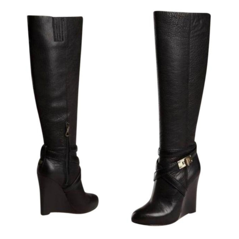 BCBGMAXAZRIA Ma-Remy Knee High Black Lamb Leather Wedge Boots Size 8.5
